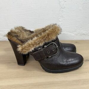 b.o.c Faux Fur Clog Heels Women's 9/40 Brown Leather Buckle Mules Winter Cozy